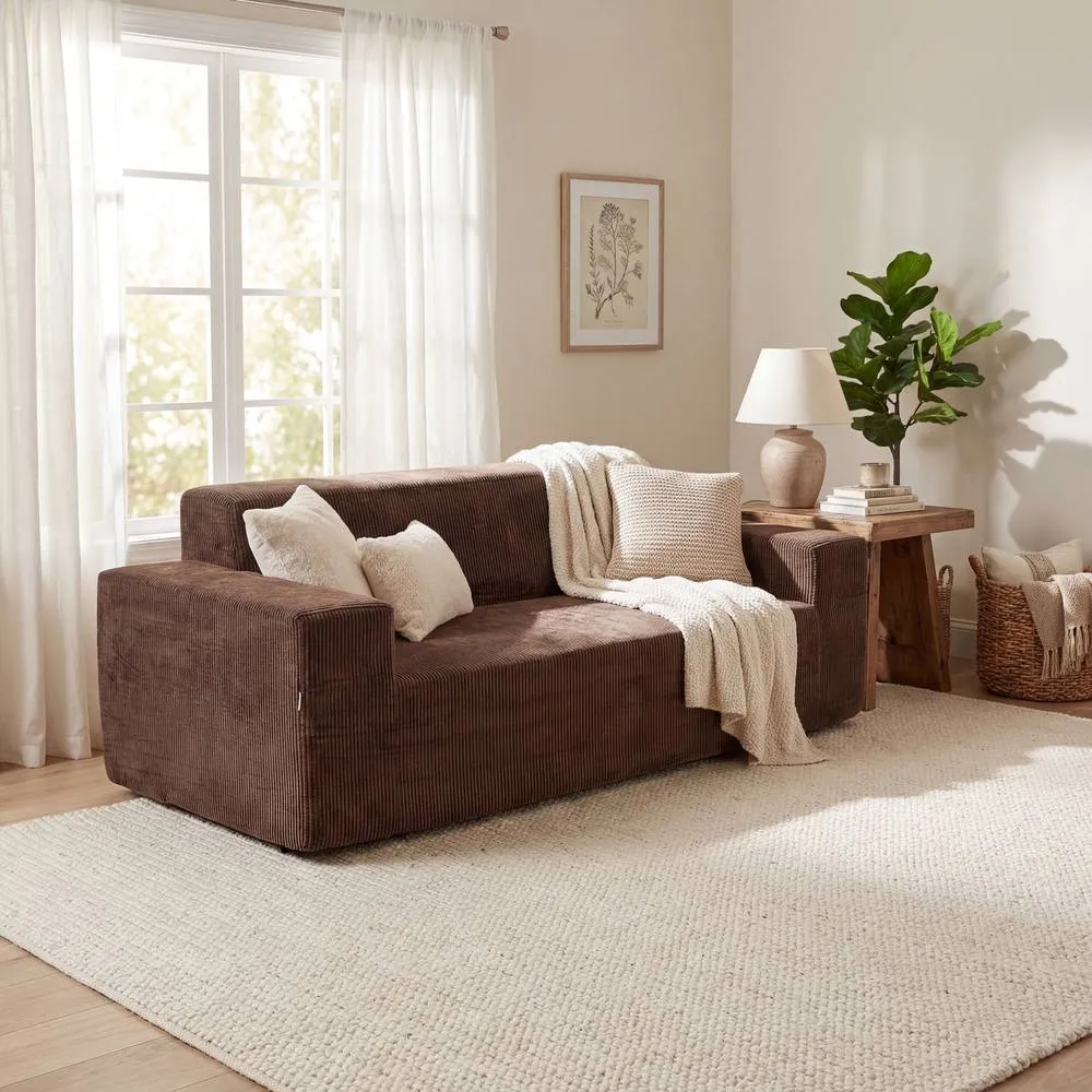 Costway Corduroy 3 Seater Sofa Brown Boneless Couch with High Backrest Deep Seat 5