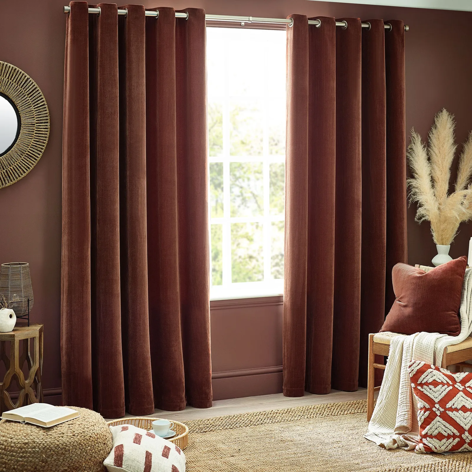 Yard Heavy Chenille Velvet Room Darkening Eyelet Curtain Pair in Light Brown 2