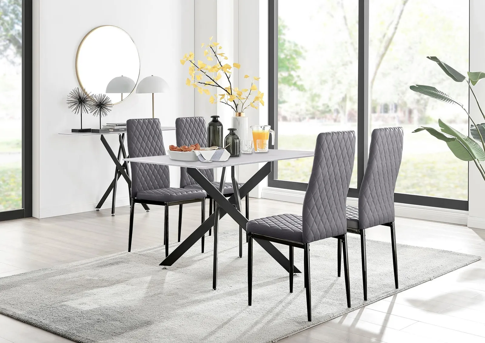 FurnitureboxUK Leonardo White Glass Marble Effect Black Leg Table & 4 Velvet Milan Black Leg Chairs in Grey