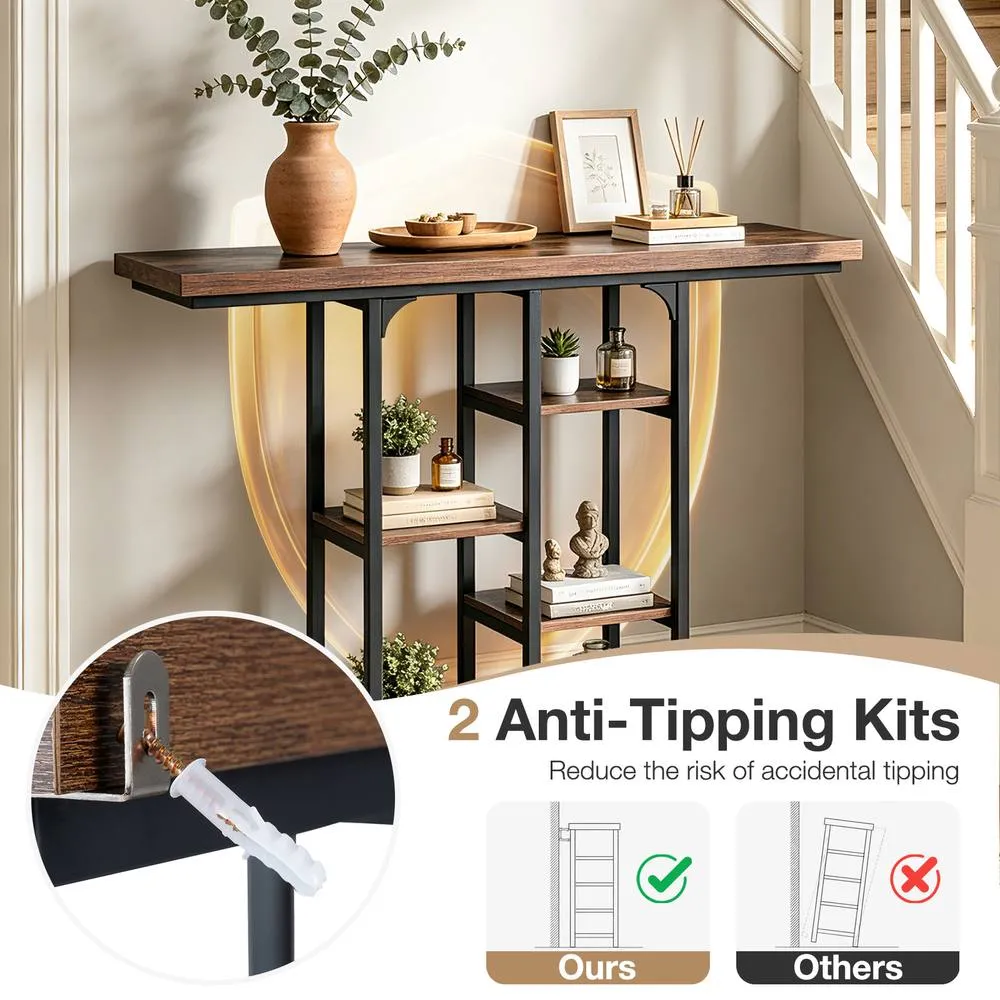 Costway 109 cm Console Table Industrial Narrow Entrance Table with Shelves in Brown 6
