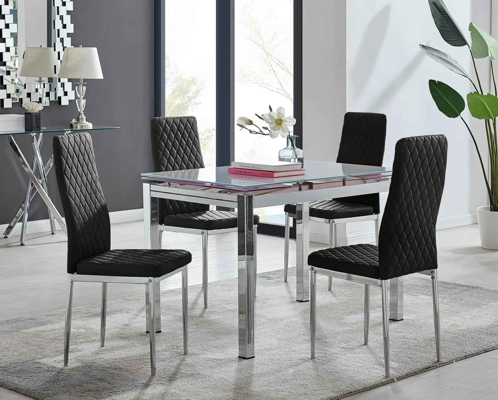 FurnitureboxUK Enna White Glass Extending 4-6 Seater Dining Table & 4 Milan Soft Velvet Chairs in Black