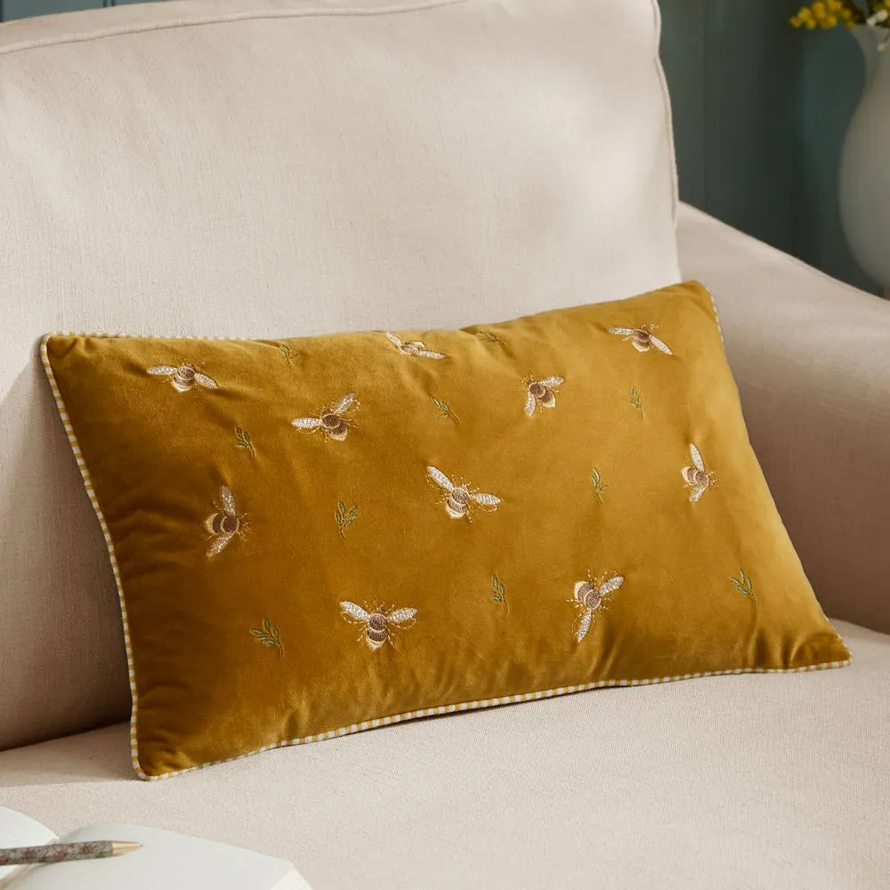 Wylder Ramble Bees Embroidered Velvet Cushion in Amber