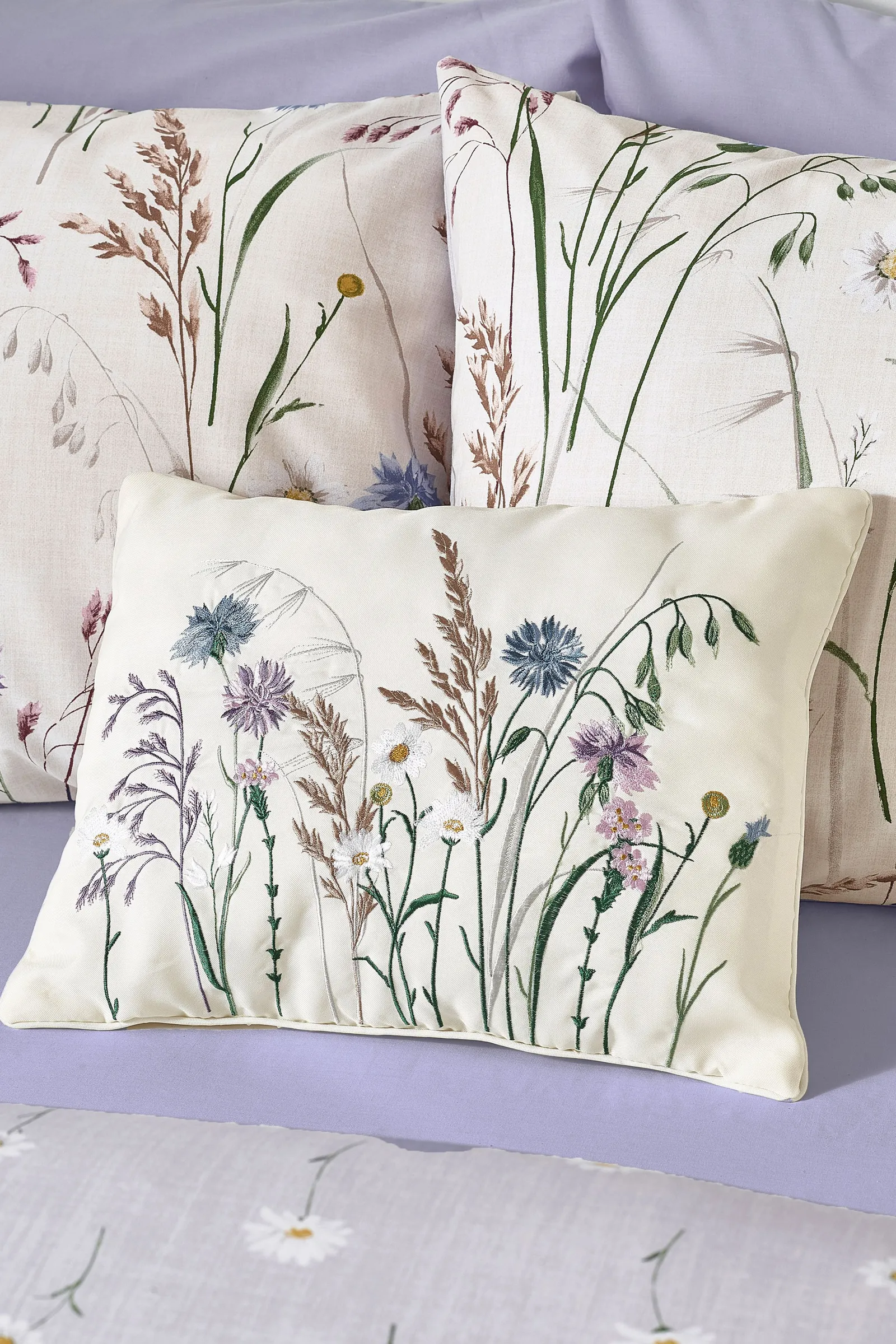 Catherine Lansfield 'Grasmere Floral' Embroidered Cushion in Lilac