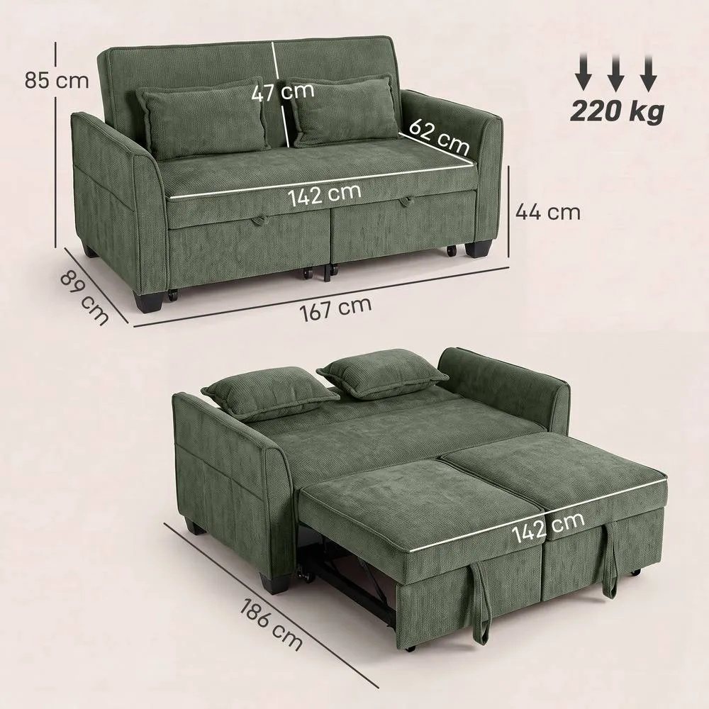 HOMCOM Sofa Bed, 4-in-1 Convertible Pull Out Sleeper Sofa in Dark Green 3