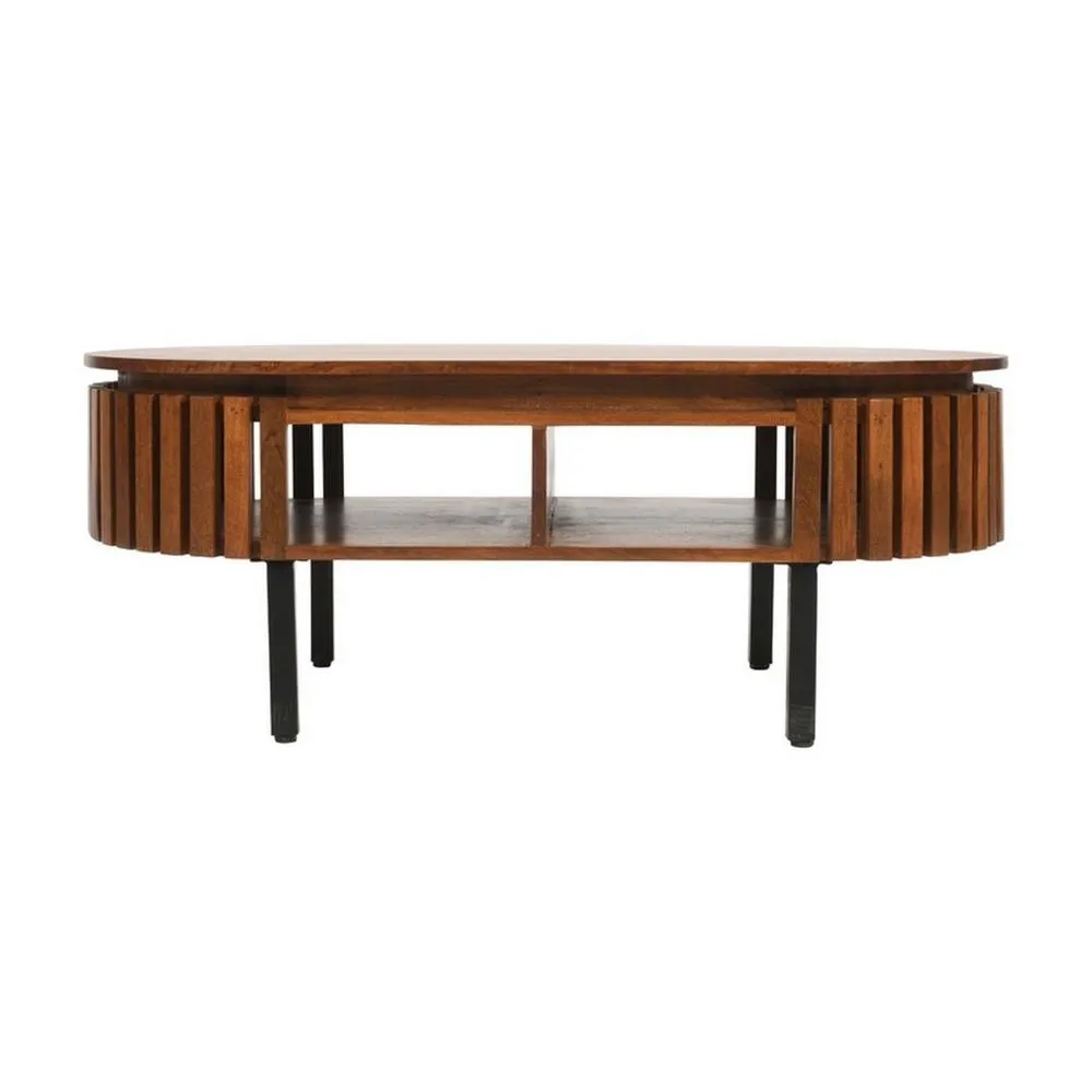 Indian Hub Slatted Rectangular Coffee Table - Mango Wood - L55 x W110 x H42 cm in Brown