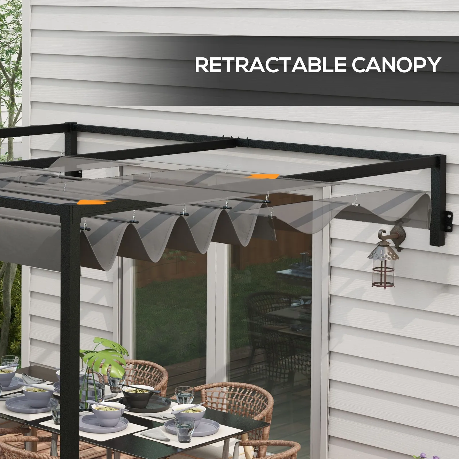 OUTSUNNY Wall Mounted Pergola with Retractable Sun Shade Canopy in Dark Grey 5