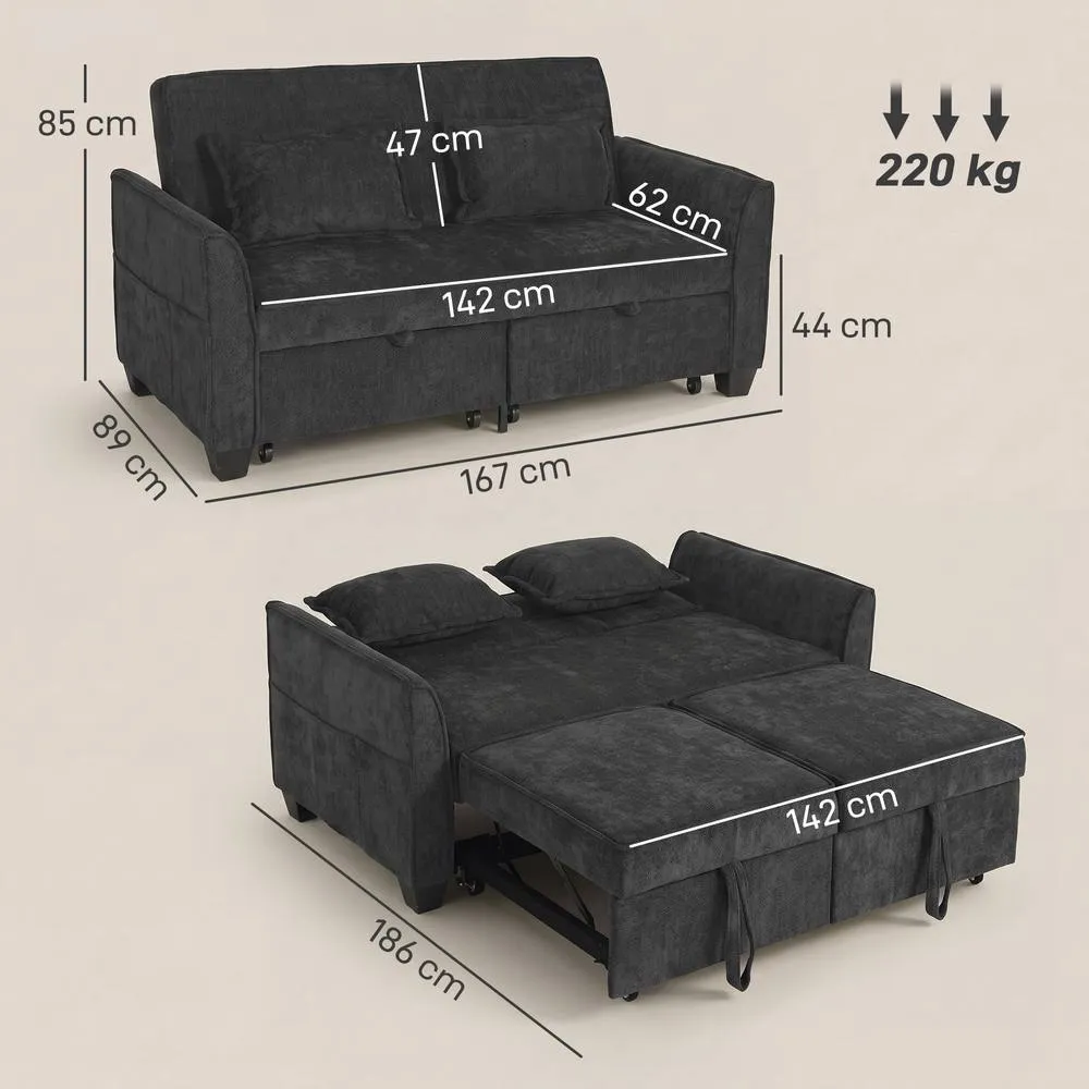 HOMCOM 2 Seater Sofa Bed, 4-in-1 Convertible Pull Out Sleeper Sofa, Black 3