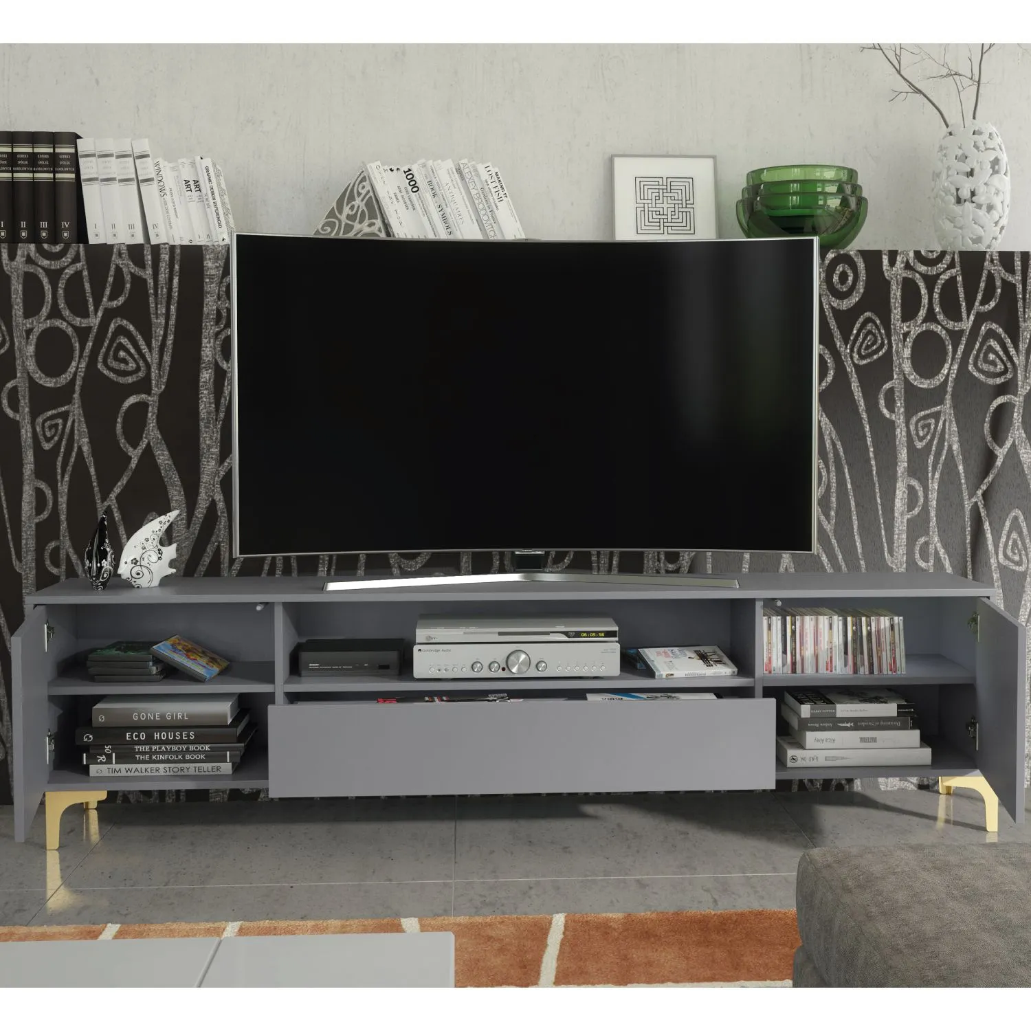 Creative Furniture Tide Crest TV Unit Gold 200cm - Modern Fluted Design in Grey or White in Dark Grey 4