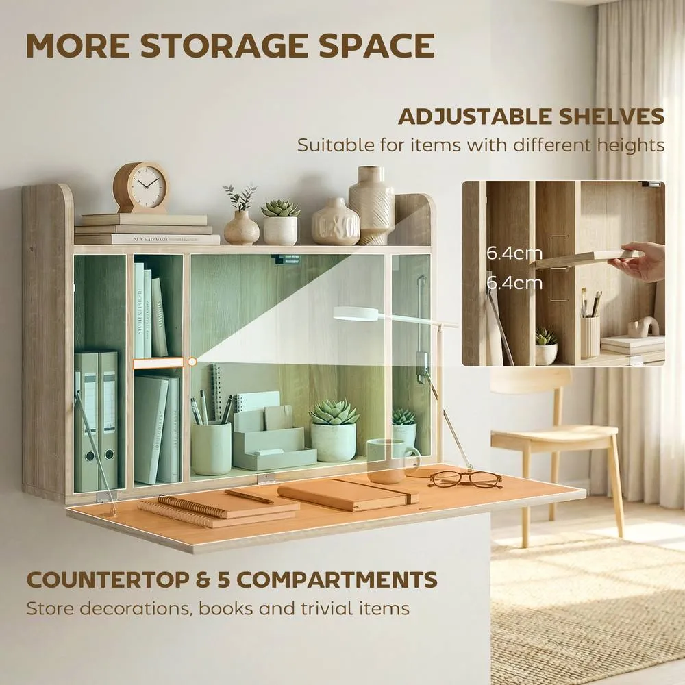 HOMCOM Wall Mounted Table w/ Space Saving Storage Compartments in Light Oak 6
