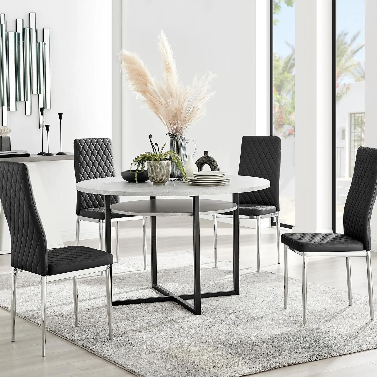 FurnitureboxUK Adley Grey Concrete Effect Round Dining Table & 4 Milan Chrome Leg Faux Leather Chairs in Black 1