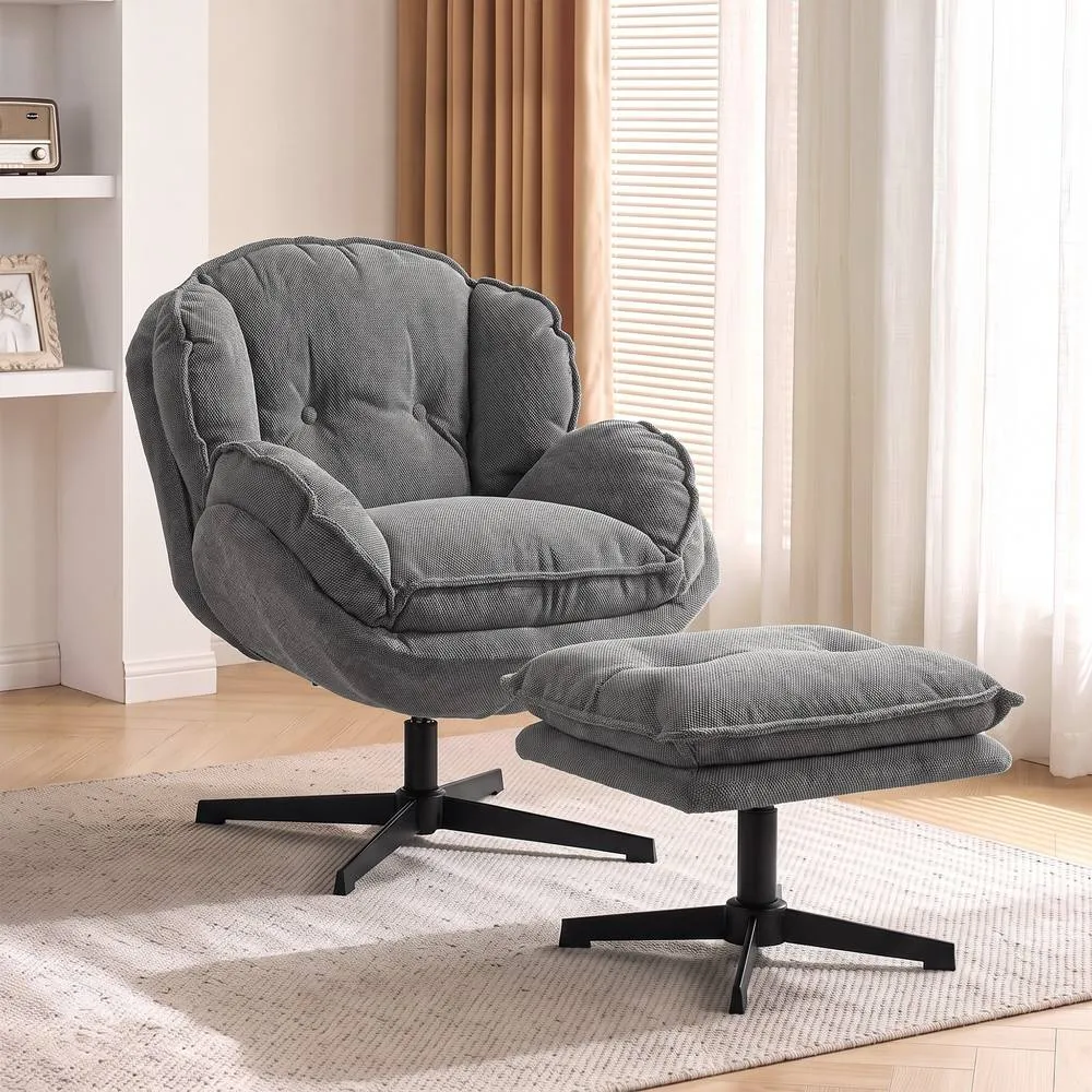 HOMCOM Armchair with Adjustable Footstool, 360° Swivel Accent Chair in Grey 2
