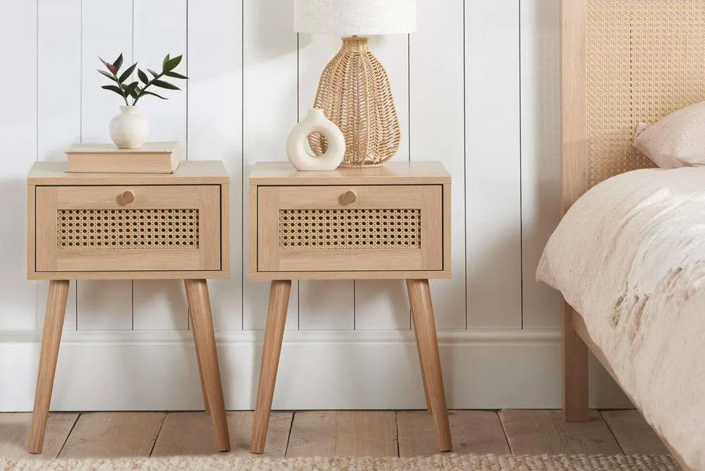Birlea Pair of Bedside 1 Drawer Cabinet Rattan Croxley Side Table Oak in Light Oak