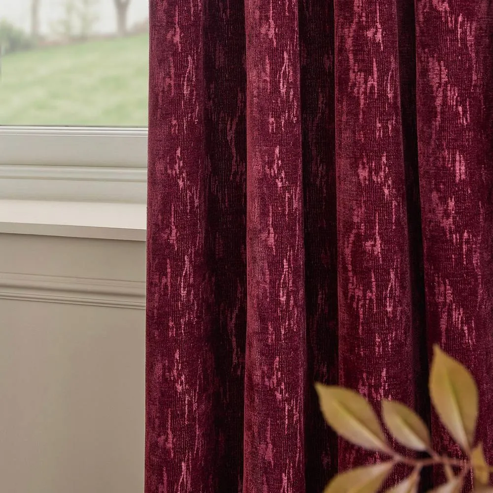 Paoletti Aurelio Chenille Lined Eyelet Curtain Pair Burgundy 117Cm Width 137Cm Drop, Red 2