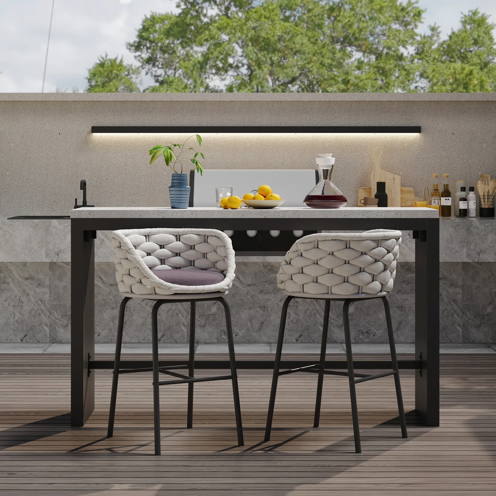 2 PCS Woven Rope Patio Bar Stool Modern Yard & Patio Chairs in Grey (Set of 2)