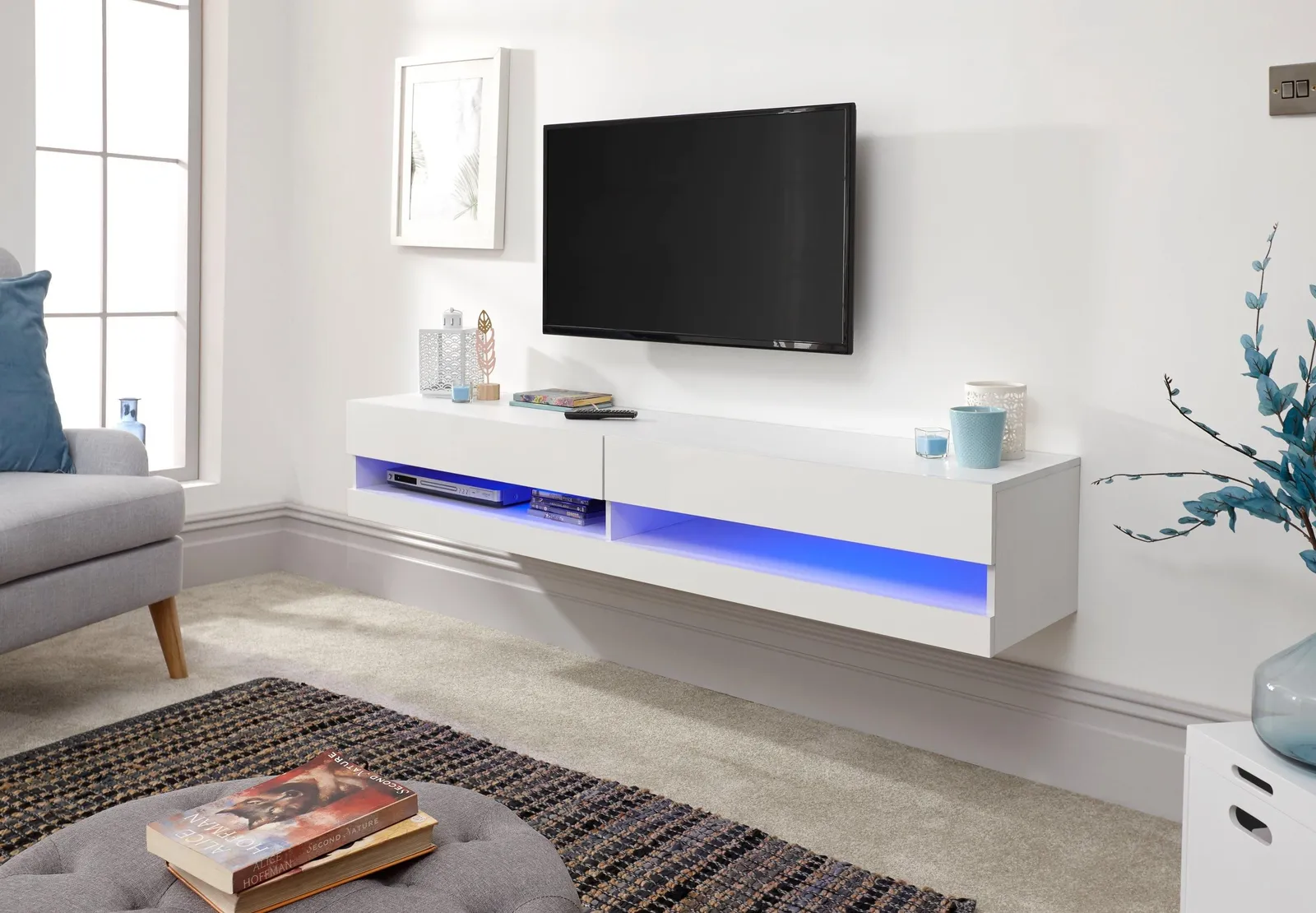 GFW Galicia 150cm Wall TV Unit with LED in White