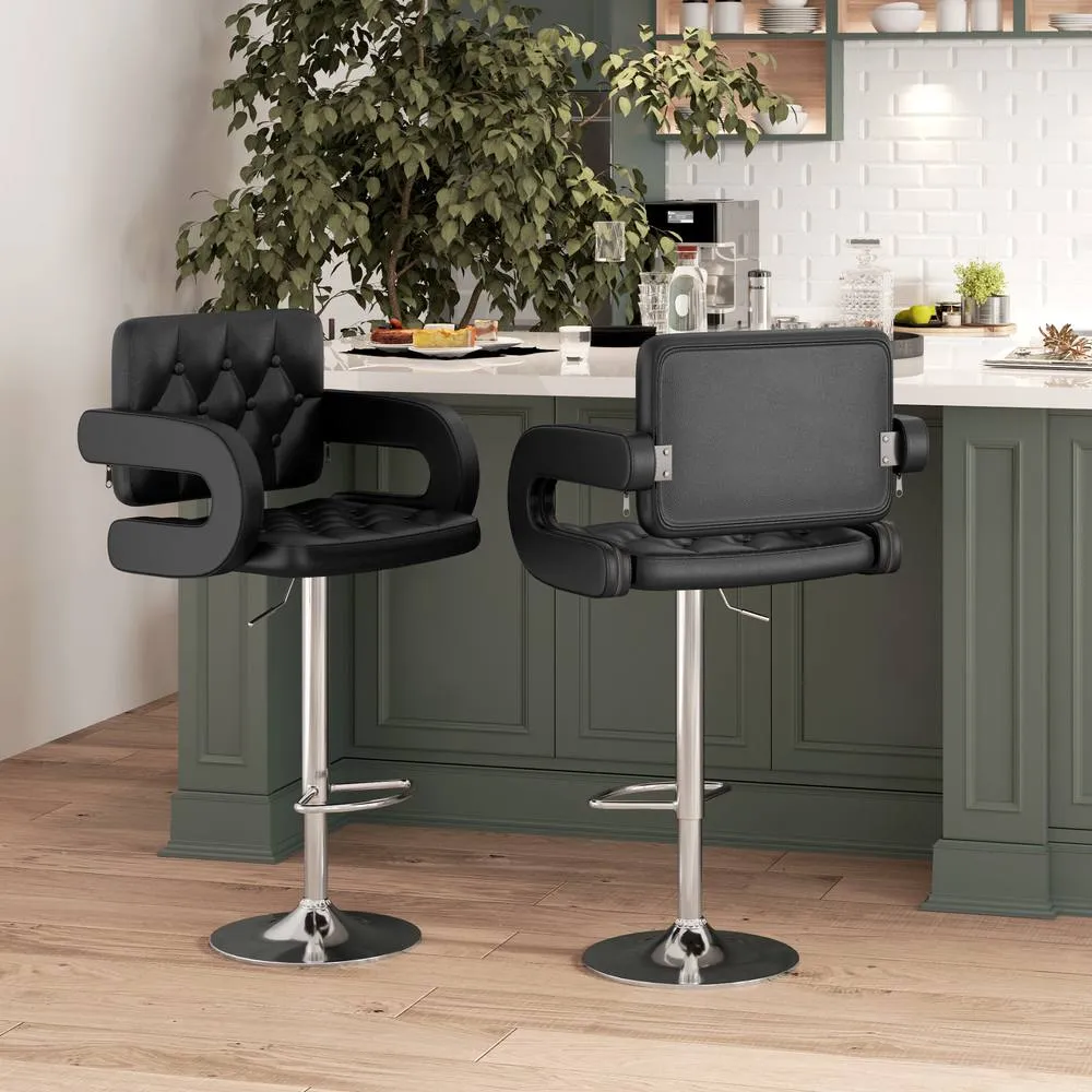 HOMCOM Set of 2 Adjustable Height Barstool Steel Pole PU Leather, Black 2
