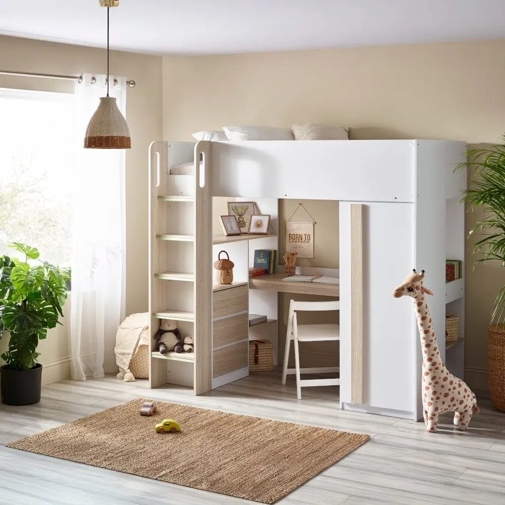 Ocean - Single – Storage High Sleeper with Drawers, Shelves, Desk and Wardrobe – Pale Wood/White - Wooden - 3ft