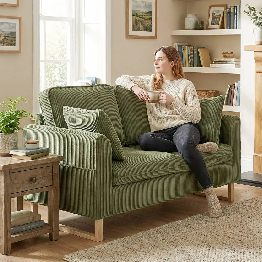 HOMCOM 2 Seater Sofa, Corduroy Sofa w/ Spring Cushions 2 Pillows, Dark Green