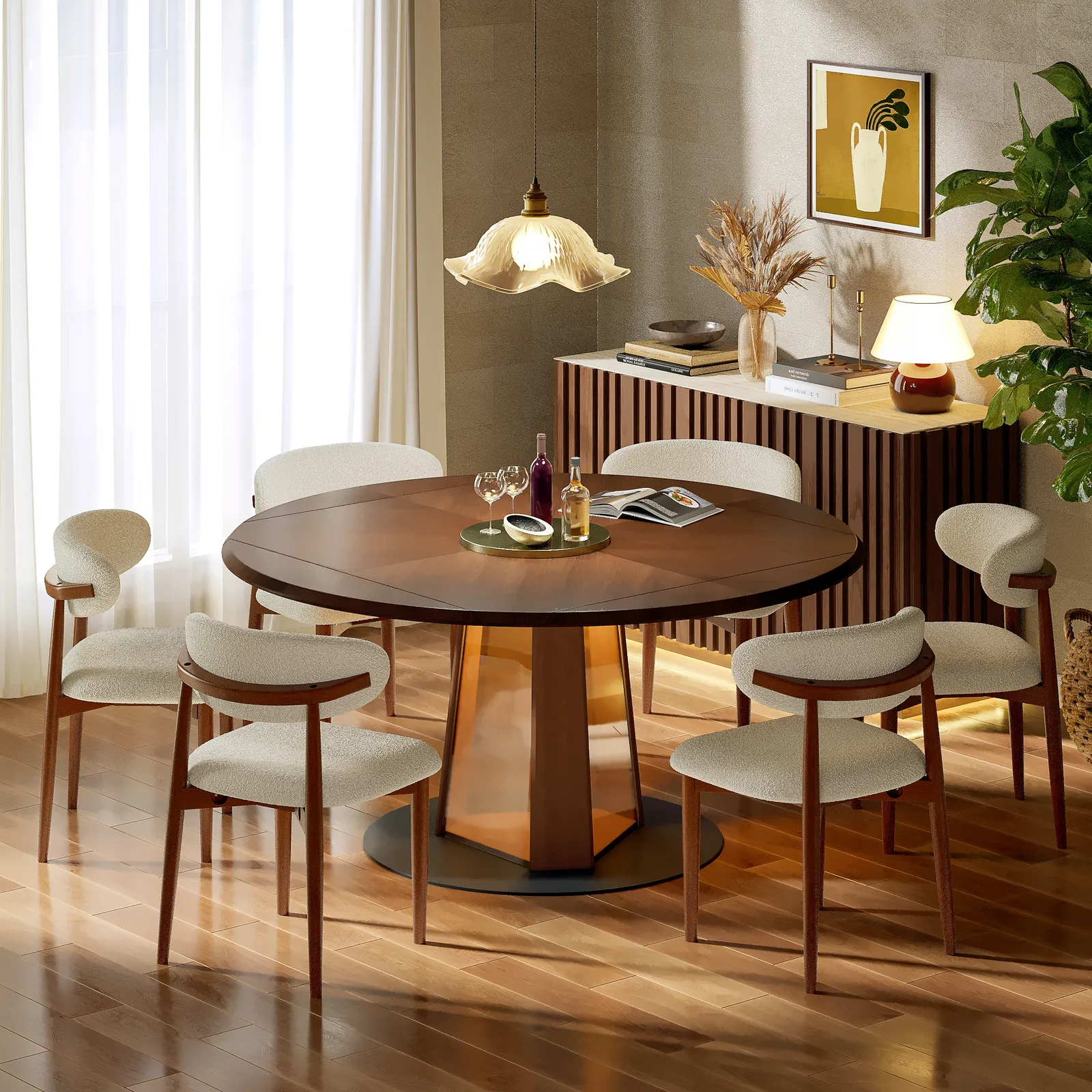 117-152 cm Extendable Walnut Wood Dining Table with LED Light, Seats 4-6