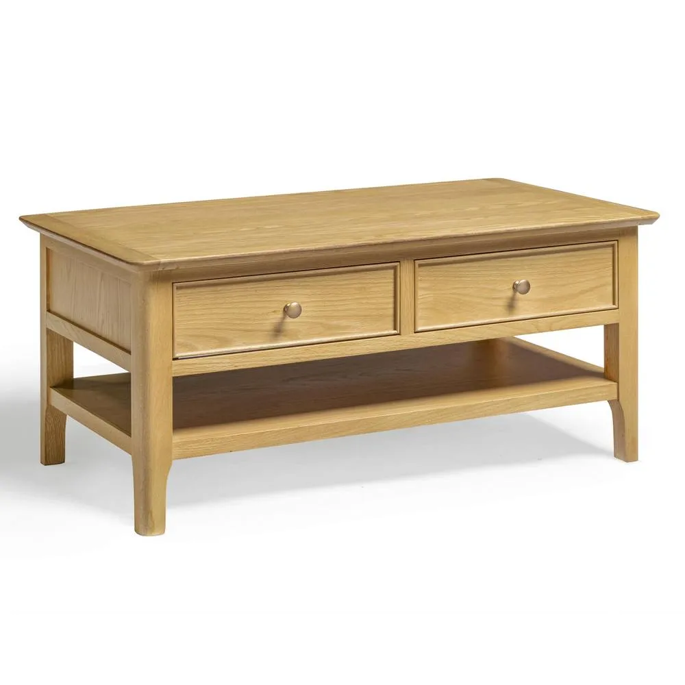 FurnitureboxUK Belle 2 Drawer Rectangular Solid Oak Wood Coffee Table in Light Brown 2