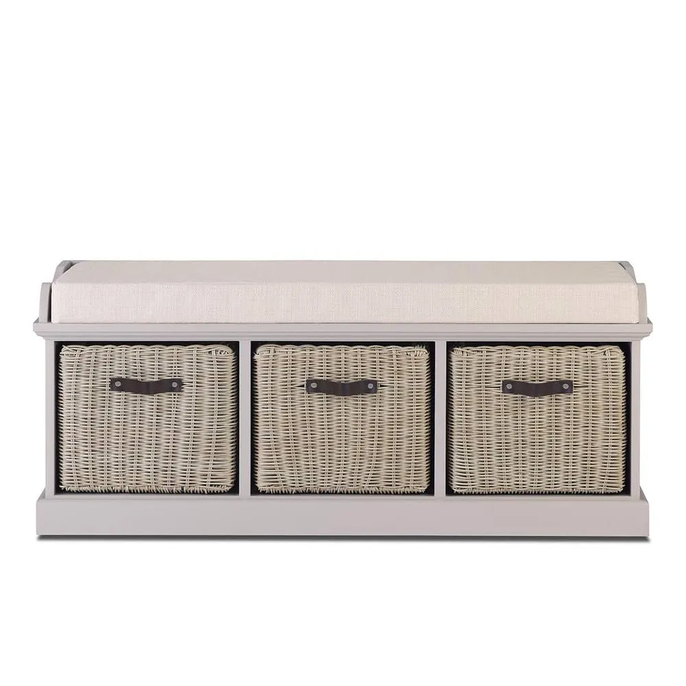 Statement Furniture Tetbury Bench with 3 Brown Faux Rattan Baskets & Cream Cushion in Taupe