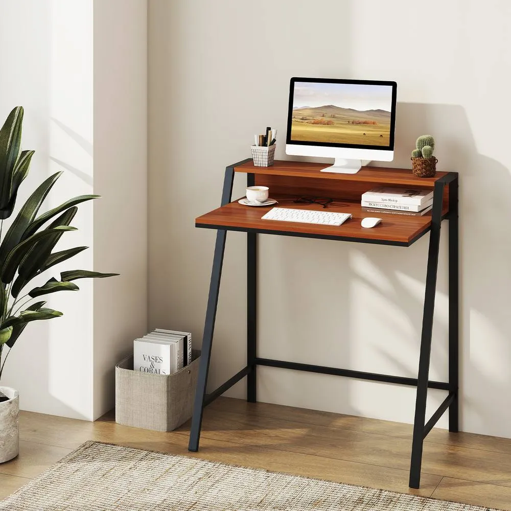 Costway Computer Desk 80 CM Small Desk Compact Desk with Monitor Stand-Coffee in Brown