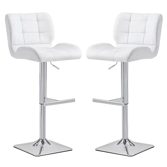 Candid White Faux Leather Bar Stool With Chrome Base In Pair