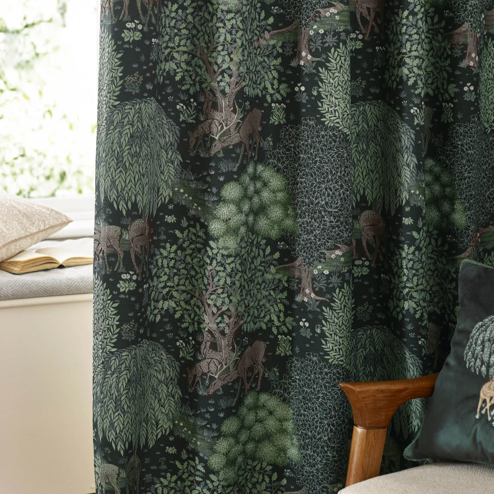 Morris & Co Brook Woodland Jacquard Room Darkening Pencil Pleat Curtains in Green 5