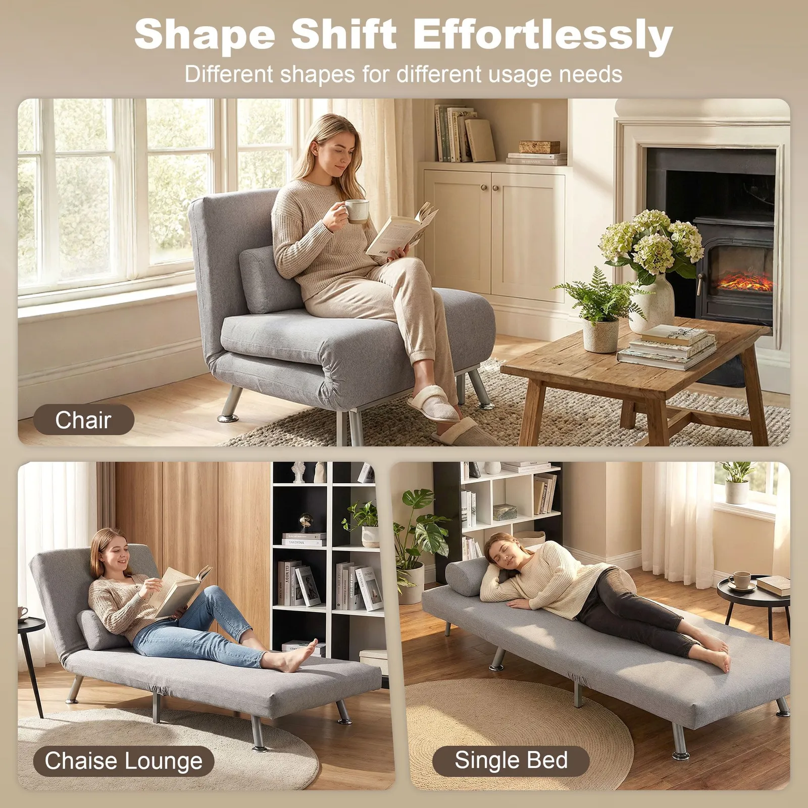 HOMCOM Single Folding 5 Position Convertible Sleeper Chair Sofa Bed in Dark Grey 4