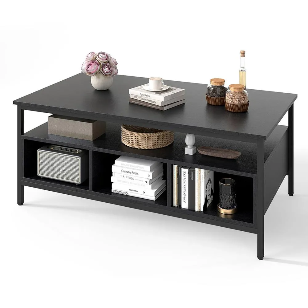 Costway Industrial 3-Tier Coffee Table Rectangular Center Table w/Shelf-Black in Black 2