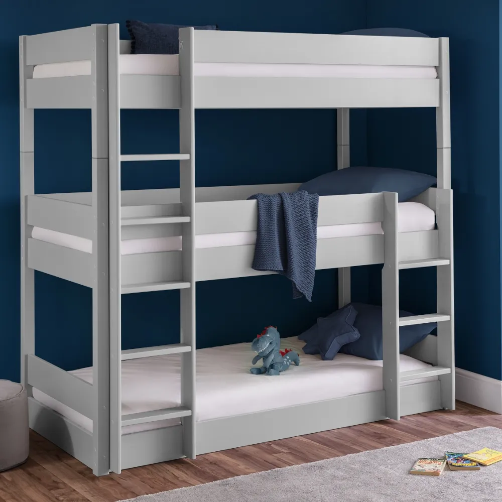 Trio Grey Wooden Triple Sleeper Bunk Bed Frame - 3ft Single