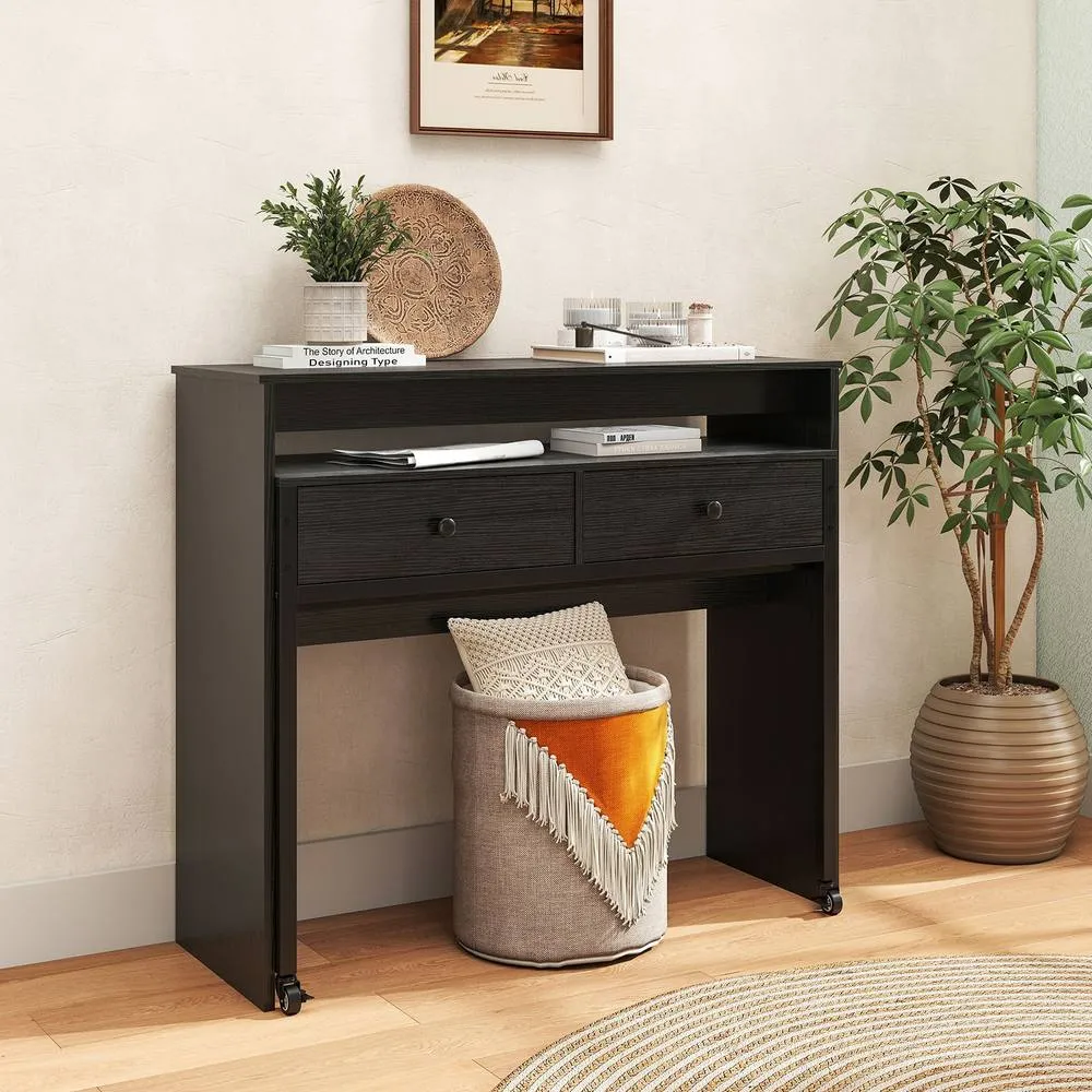 Costway Extendable Computer Desk Convertible Home Office Desk w/ Drawers in Black 1