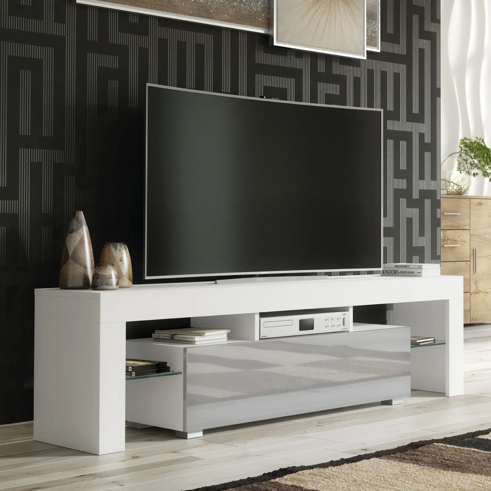 Creative Furniture TV Unit 160cm Stylish Modern - White with High Gloss Grey Doors