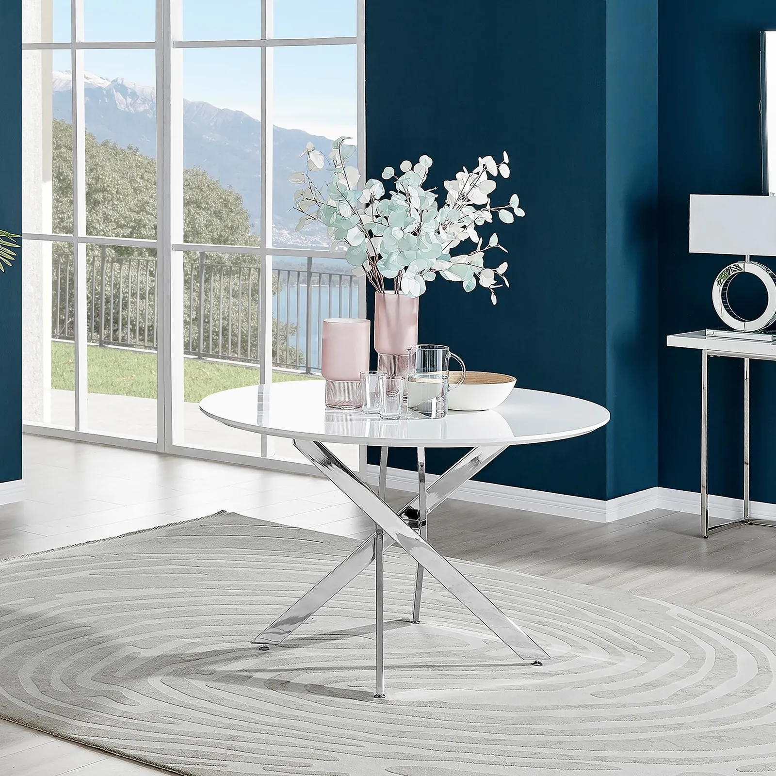 FurnitureboxUK Novara 120cm Round 6-Seater Dining Table With Silver Chrome Legs in White 1