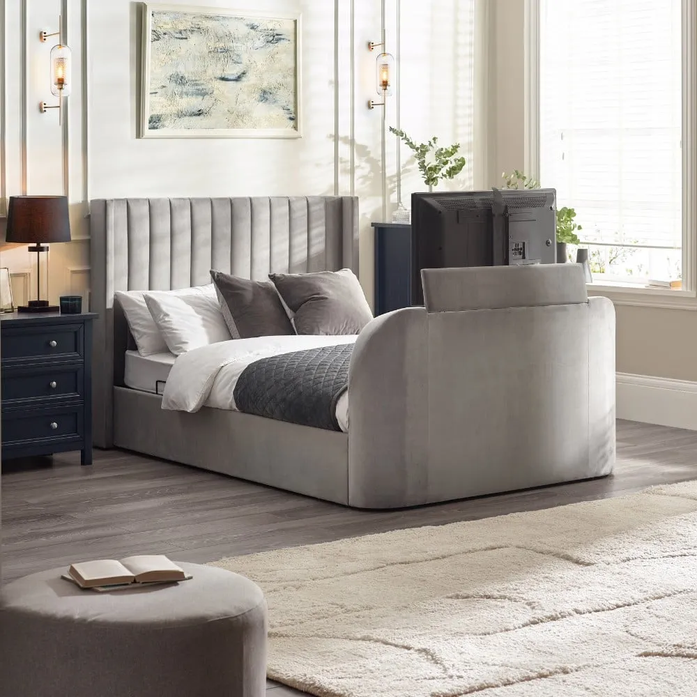 Clara - Super King Size - Side-Lift Ottoman TV Bed - Light Grey - Velvet - 6ft - Happy Beds