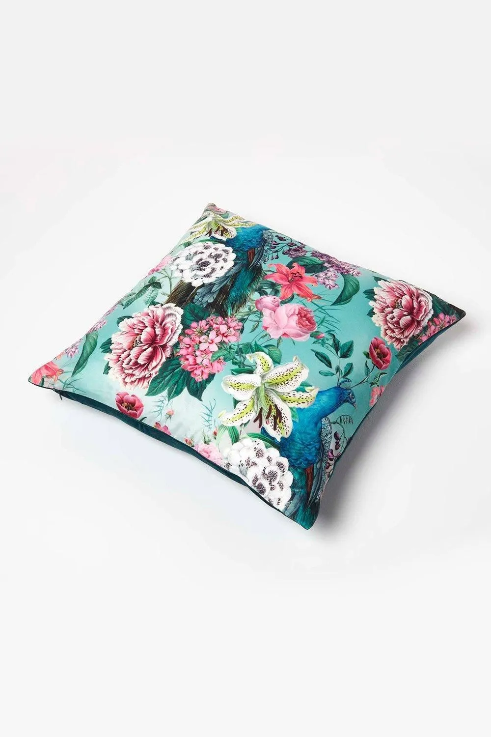 Homescapes Floral Peacock Pink & Green Filled Velvet Cushion 46 x 46 cm 5