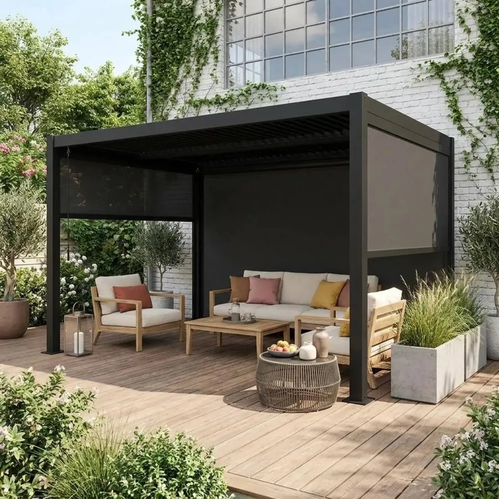 sweeek Louvered pergola 4 x 3m with 2 3m blinds & a 4m blind in Dark Grey