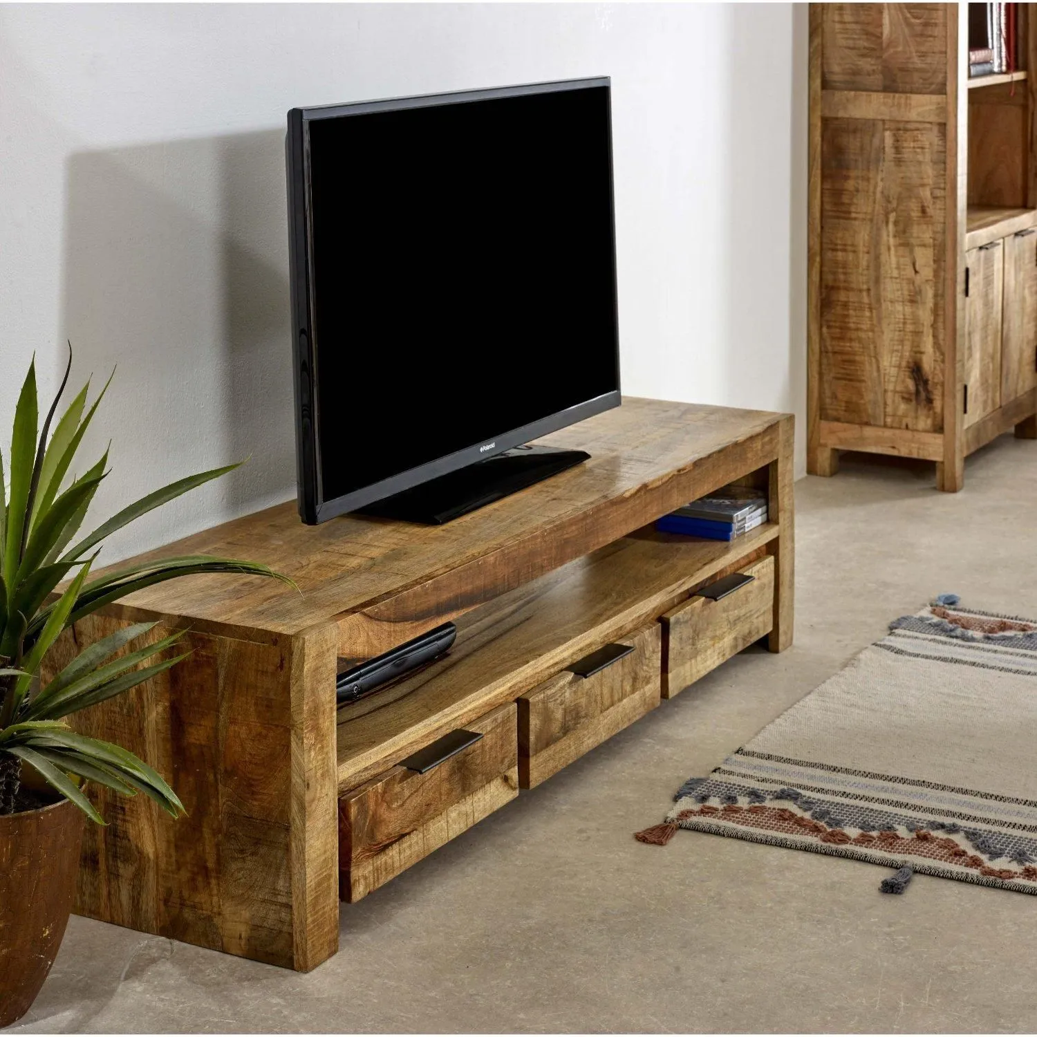 IH Design Bratton Mango Wooden Large TV Stand With 3 Drawers in Brown 2