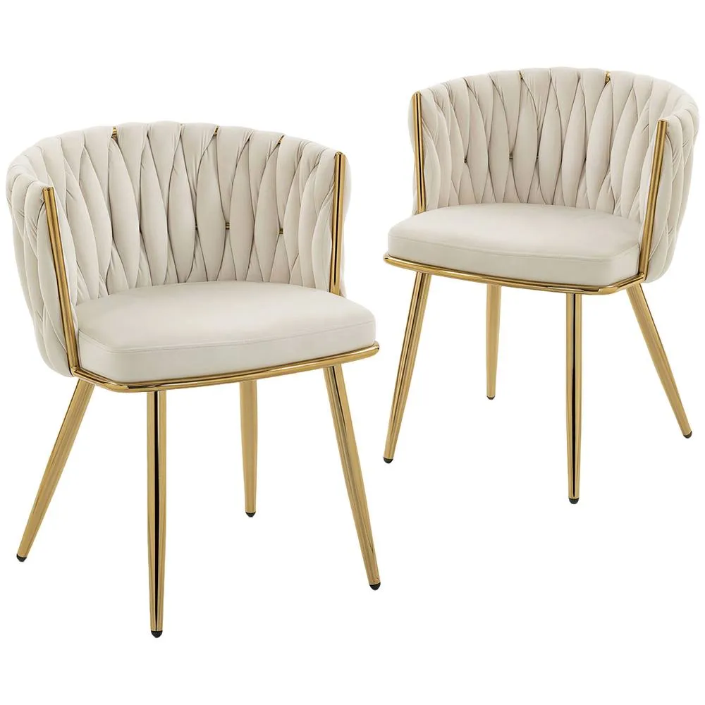 HOMCOM Upholstered Kitchen Chairs Set of 2 with Woven Backrest in Cream 2
