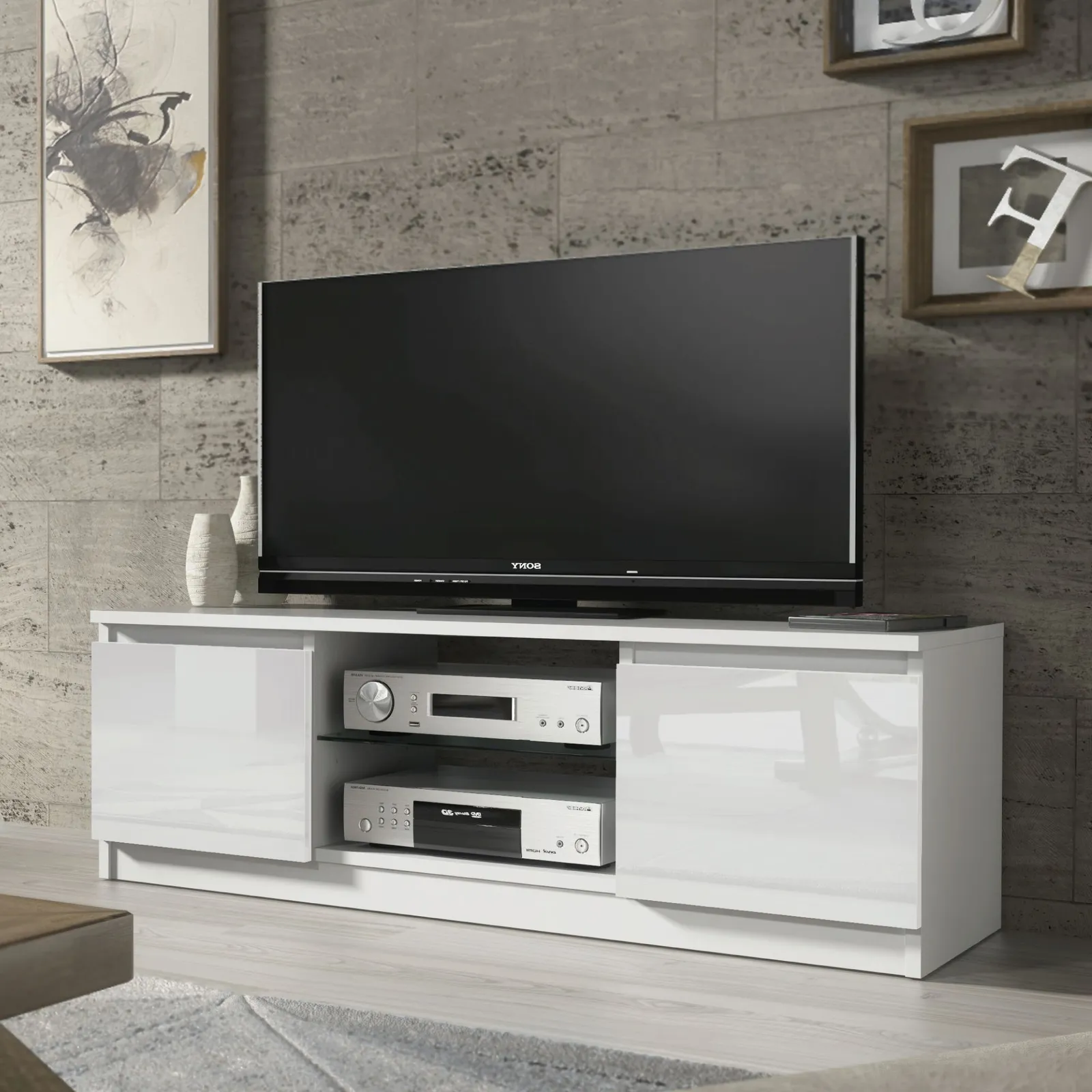 Creative Furniture TV Unit 120cm Modern - White with High Gloss Doors 6