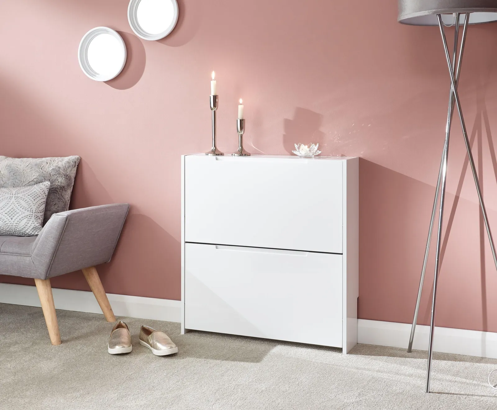 GFW Narrow High Gloss 2 Tier Shoe Cabinet in White