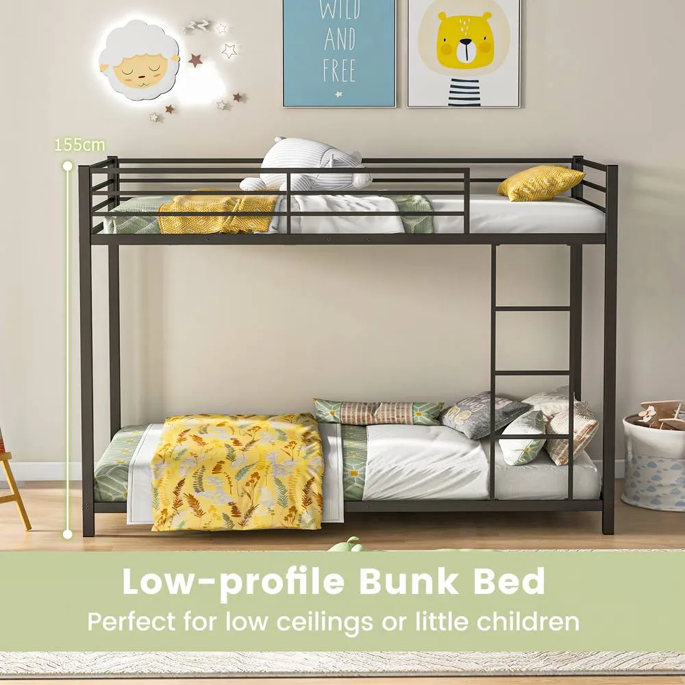 Costway Single Metal Bunk Bed Floor Bed Frame w/Ladder &Full-length Guardrails in Black 5