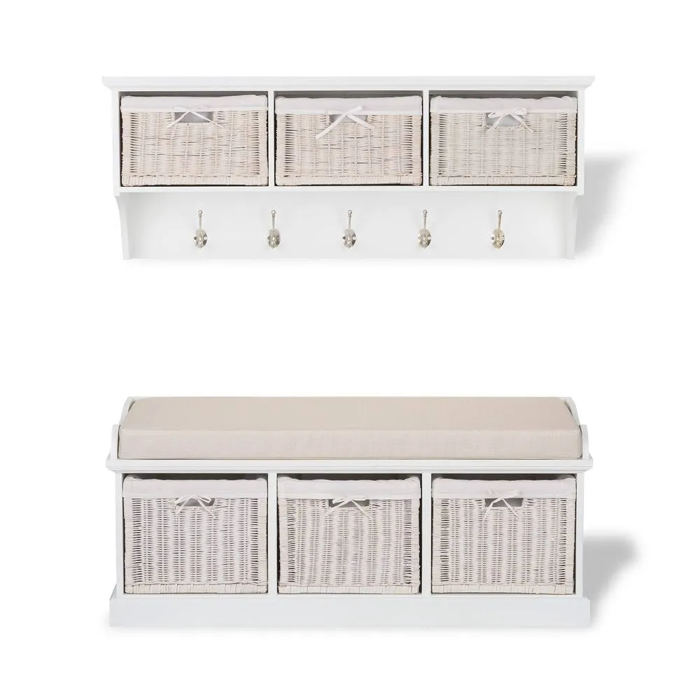 Statement Furniture Tetbury 3 White Wicker Basket & Cream Cushion Hallway Set