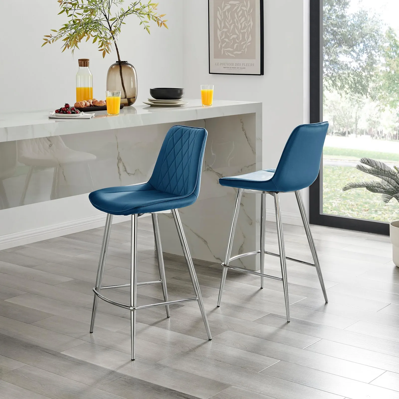 FurnitureboxUK Pesaro Set of 2 Velvet Silver Legs Counter Stools in Navy 1