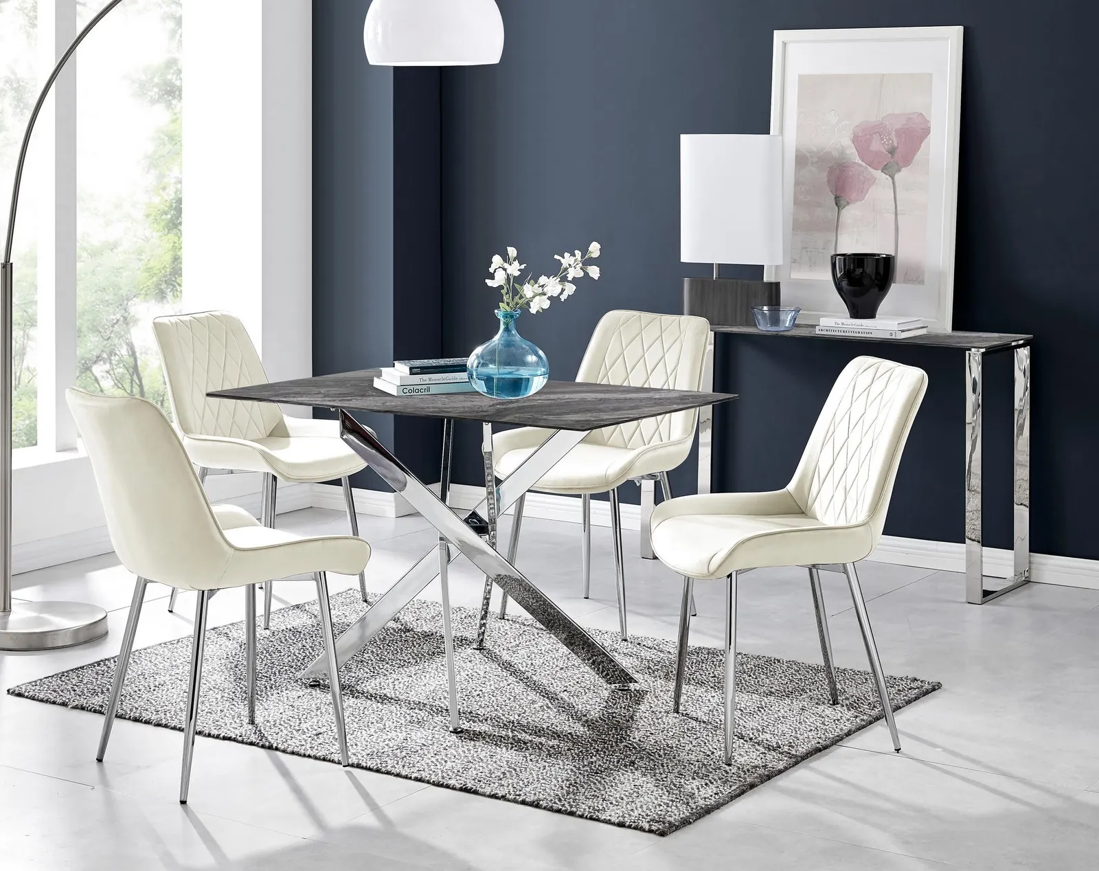 FurnitureboxUK Leonardo Grey Glass Marble Effect Silver Leg Table & 4 Pesaro Silver Chairs in Cream 1