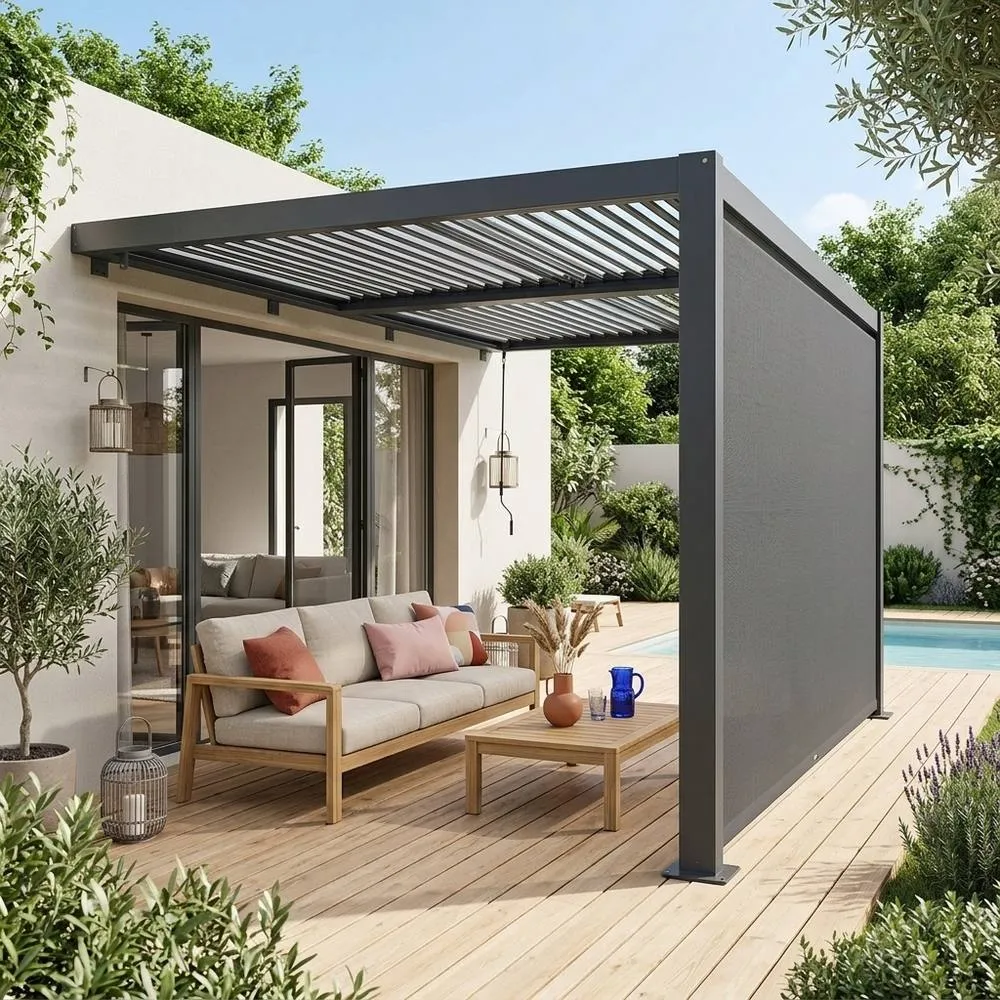 sweeek Lean to pergola with louvered roof aluminium 4 x 3m Palace + awning in Dark Grey