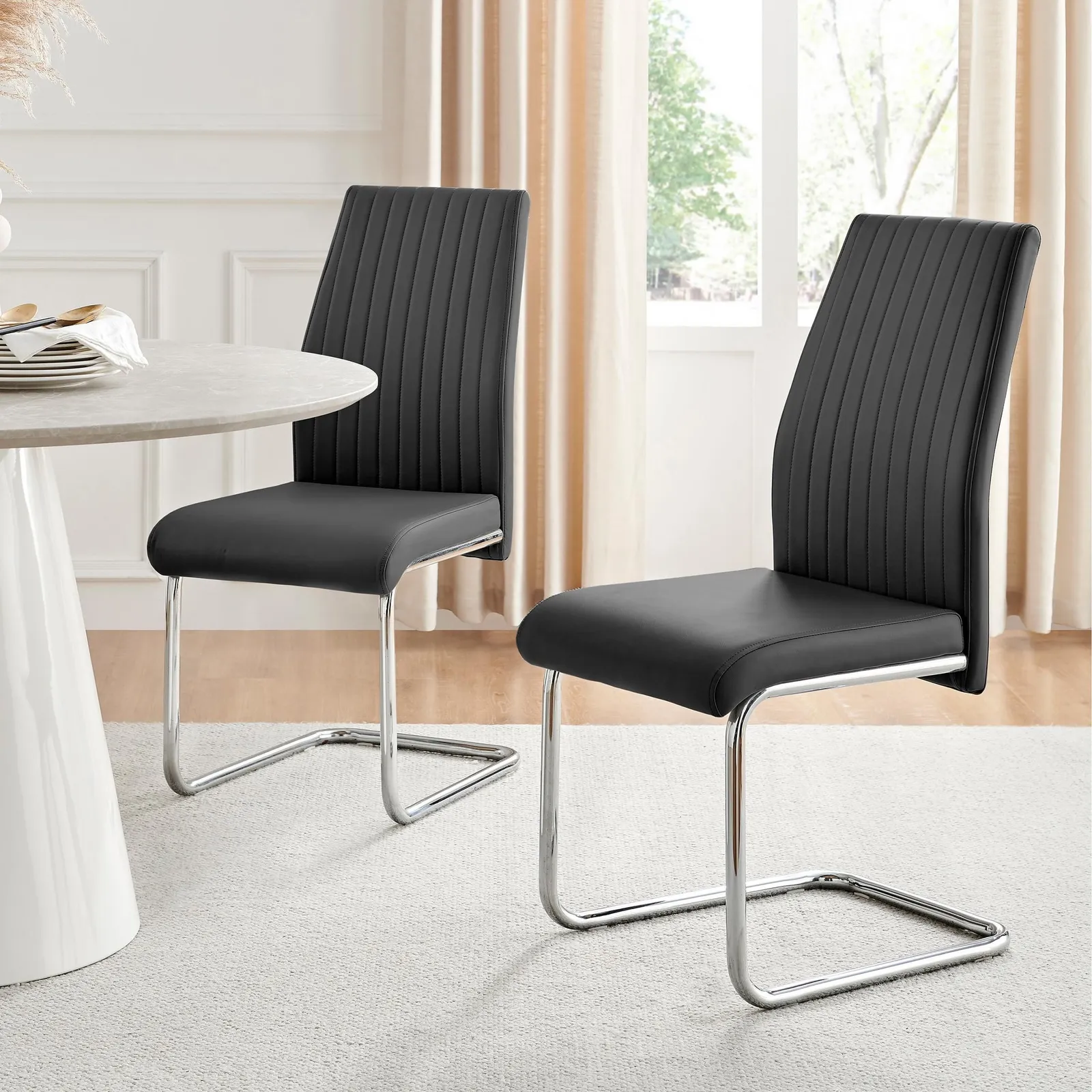 FurnitureboxUK 2x Lorenzo Faux Leather Chrome Dining Chairs in Black 2