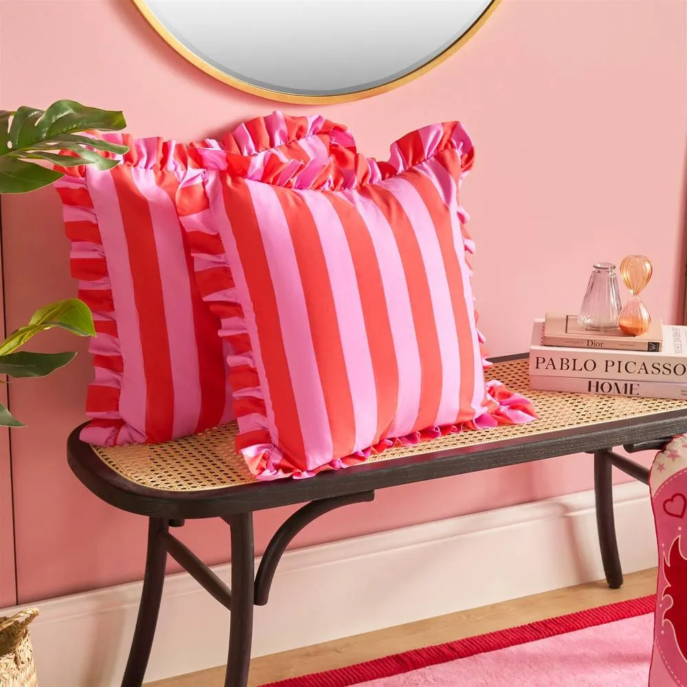 OHS 2 Pack Stripe Frill Cushion Cover in Bright Pink