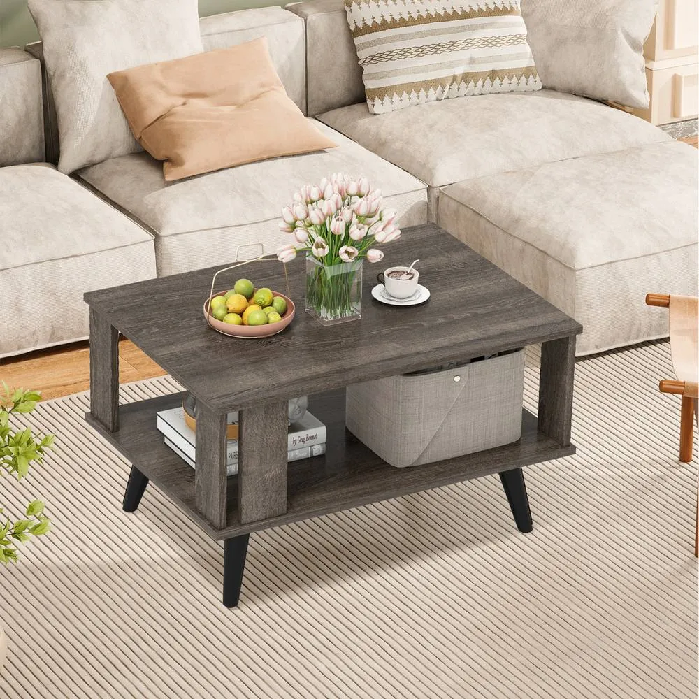 Costway 2-Tier Wooden Center Table Coffee Table w/Open Storage Shelf-Grey in Grey