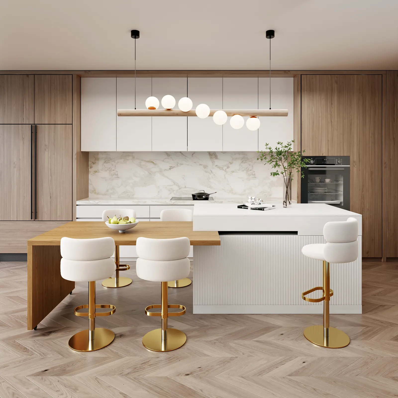 205 - 284 cm Extendable Natural & White Kitchen Island with Doors & Drawers